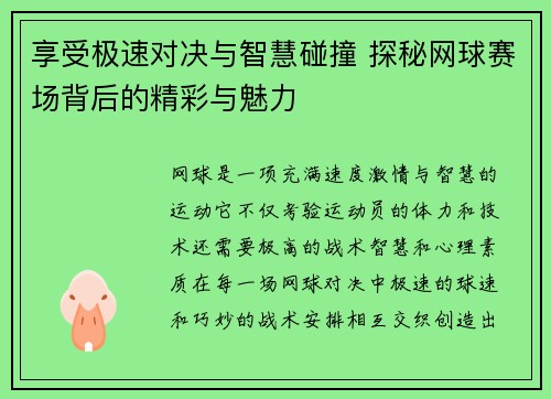 享受极速对决与智慧碰撞 探秘网球赛场背后的精彩与魅力