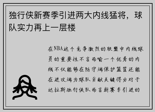 独行侠新赛季引进两大内线猛将，球队实力再上一层楼
